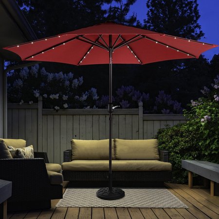 VILLACERA 9-Foot  LED Outdoor Patio Umbrella with Solar Lights with Base, Red 83-OUT5423B